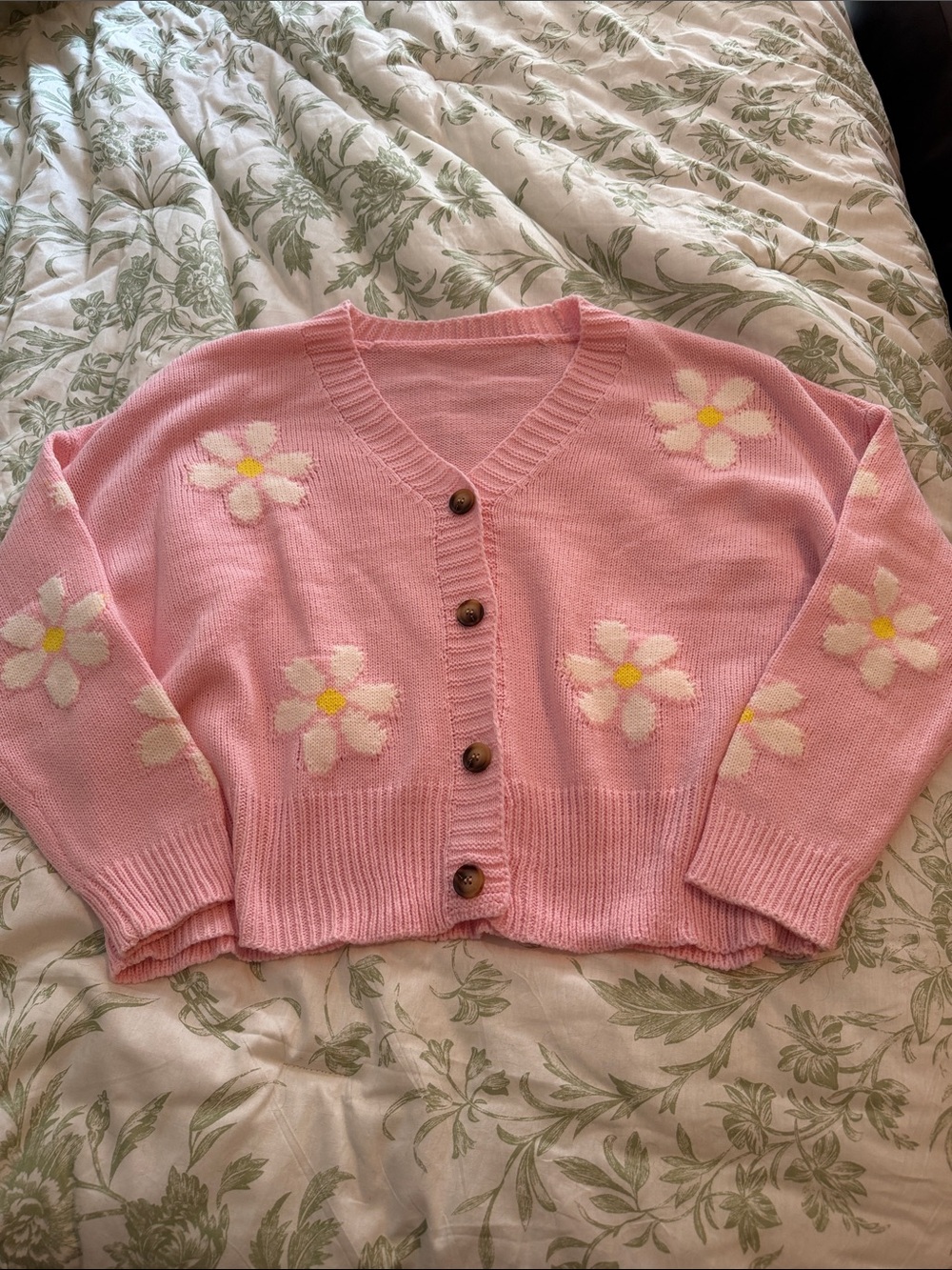 Pink Floral Button-Up Cardigan Sweater